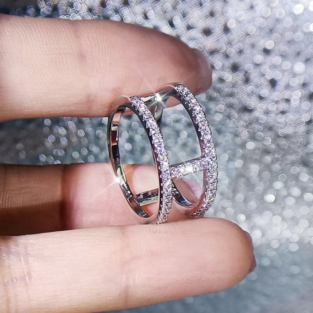 🌸Trendy CZ Glitter Micro Pave Silver Double Layer Hollow Fashion Ring,UNVN12223 - Picture 2 of 6